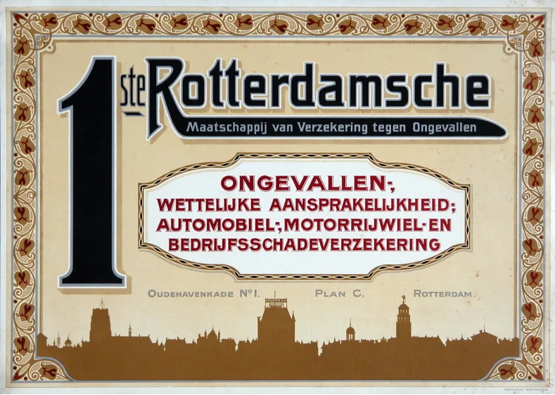 Historisch affiche 1ste Rotterdamsche Maatschappij van Verzekering - wettelijke aansprakelijkheidsverzekering