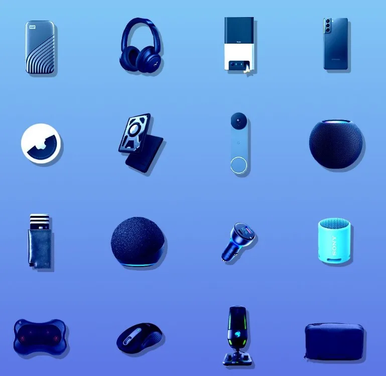 Collectie tech-gadgets waaronder smartphone, koptelefoon, smartwatch, Bluetooth-speaker en laadkabel — passend bij gadgetverzekering