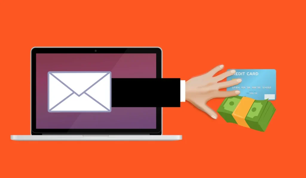 Illustratie van phishing en cybercrime: hand steelt creditcard en geld via laptop, symbool voor online oplichting