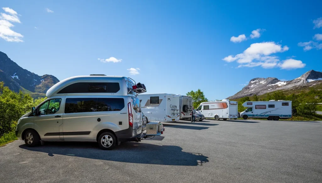 Meerdere campers geparkeerd op een P2P-verhuurparkeerplaats in Noorwegen, zomer 2022