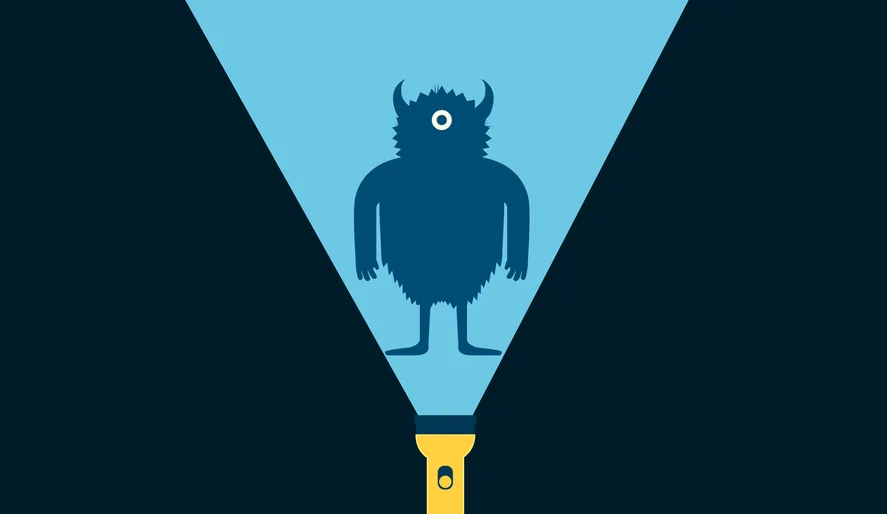 Illustratie van een cyberdreiging als monster verlicht door een zaklamp, symbool voor cybersecurity en ransomware