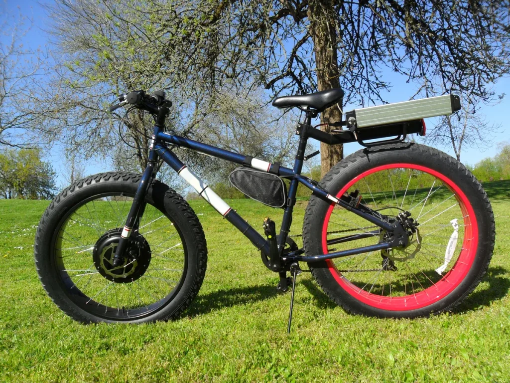 Elektrische fatbike met brede banden en rode velgen op gras, ideaal voor jongeren die verzekering zoeken