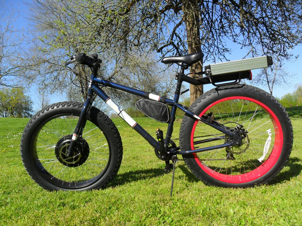 Elektrische fatbike met brede banden en rode velgen op gras, ideaal voor jongeren die verzekering zoeken