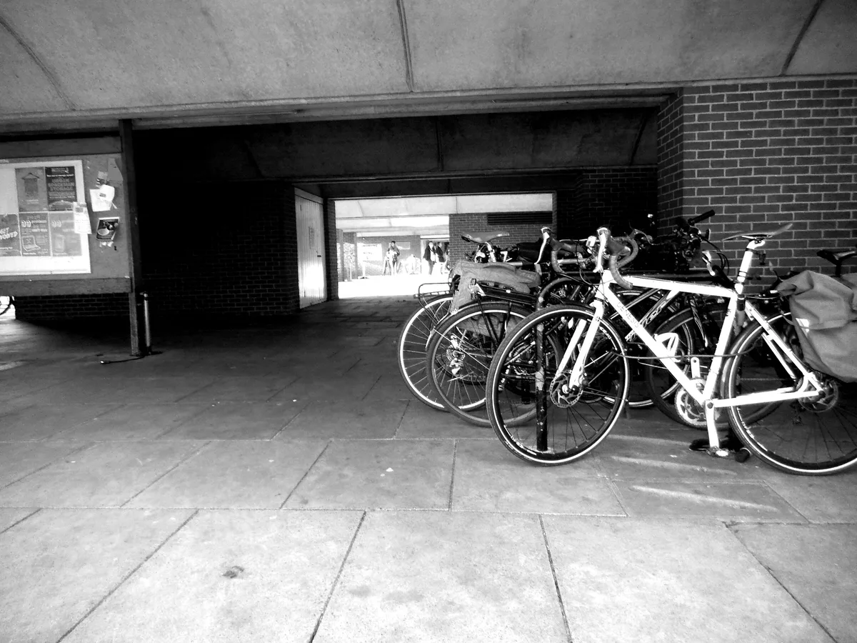 Fietsen geparkeerd bij universiteitsgebouw — fietsenstalling voor studenten op campus