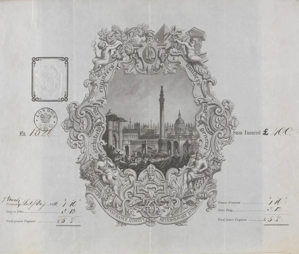 Historisch verzekeringspremie-document van de Fire and Life Insurance Company met premieberekening