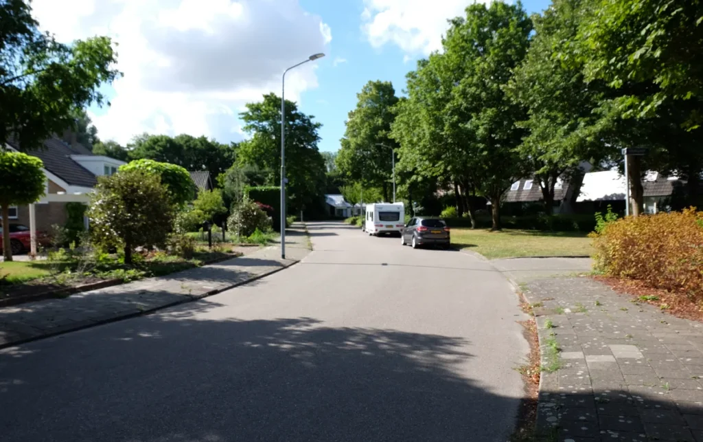 Nederlandse woonwijk met vrijstaande huizen aan rustige straat, opstalverzekering afsluiten