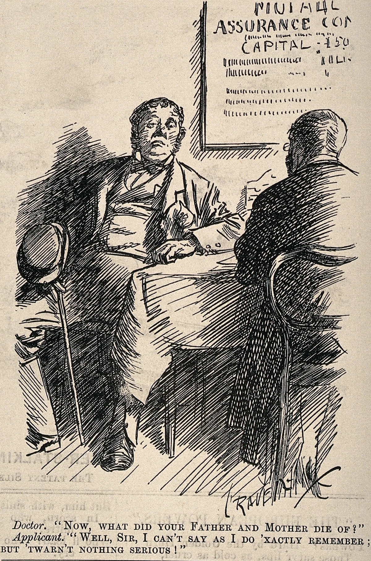 Historische illustratie van een man die wordt gekeurd door een verzekeringsagent bij het afsluiten van een overlijdensverzekering