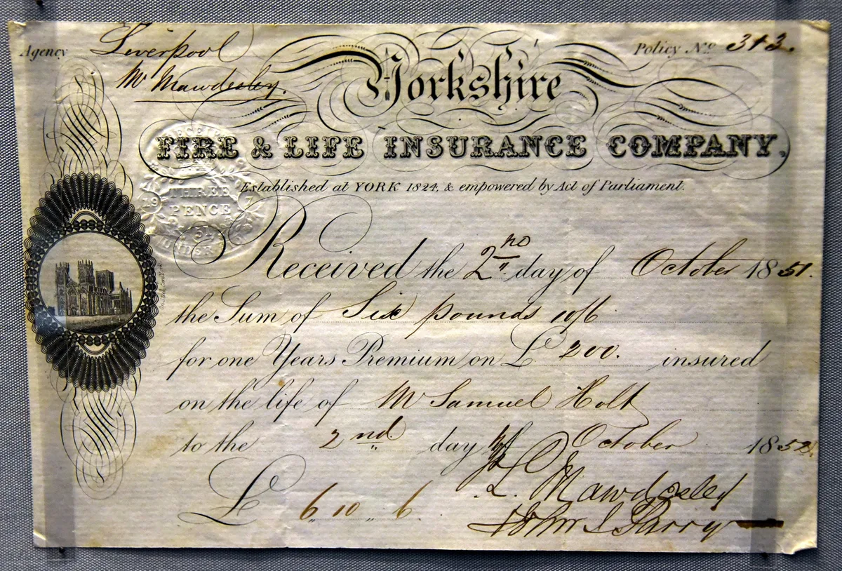 Historische overlijdensverzekering polis Yorkshire Fire and Life Insurance Company uit 1851