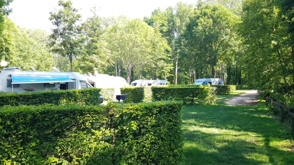 Camping met caravans tussen bomen — recreatiegoederen verzekering voor caravan en kampeeruitrusting