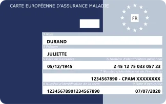 Europese ziekteverzekeringskaart EHIC met velden voor naam, verzekeringsnummer en vervaldatum