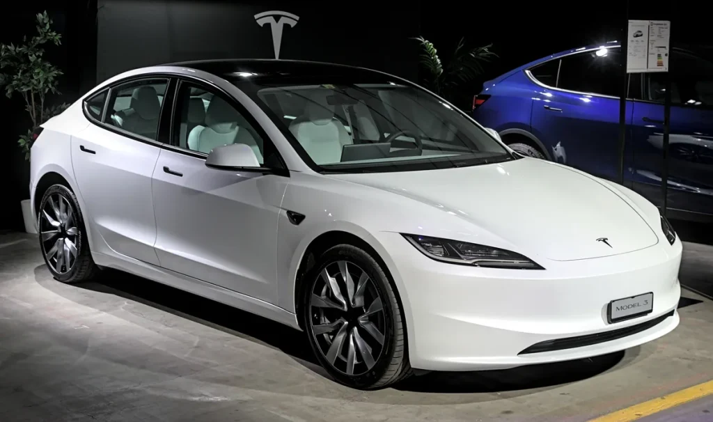Witte Tesla Model 3 Highland (2023) op autoshow — Tesla verzekering premies en accudekking 2026