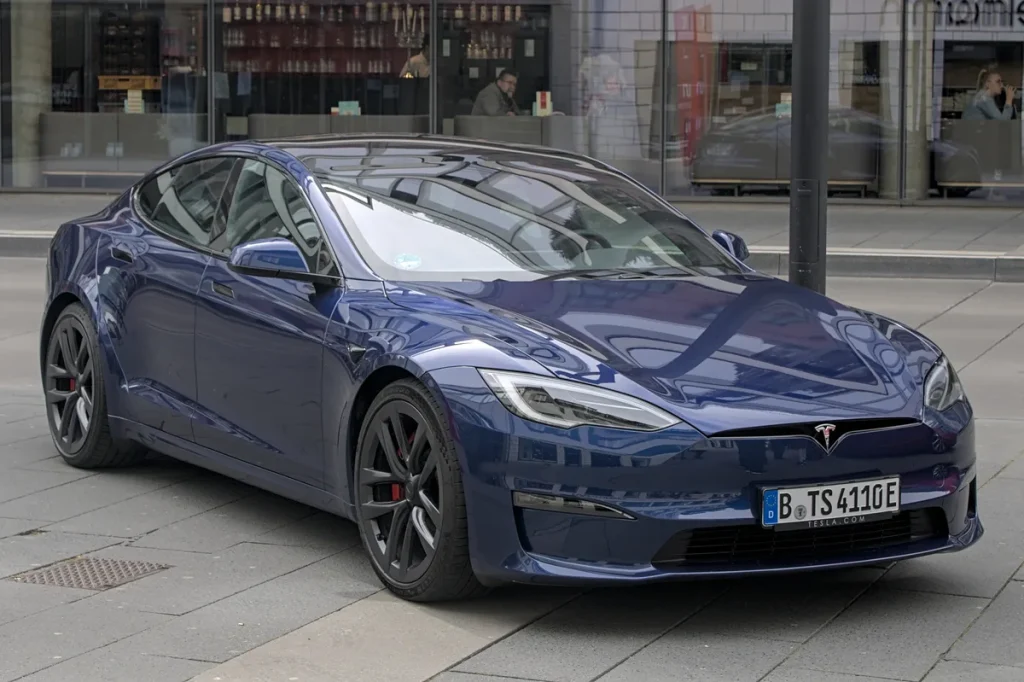 Tesla Model S Plaid in donkerblauw geparkeerd op straat, vooraanzicht schuin rechts