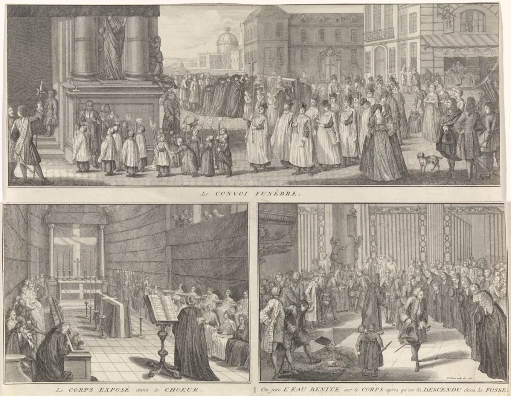 Historische prent van een rooms-katholieke rouwstoet en uitvaartsdienst, Rijksmuseum 1724