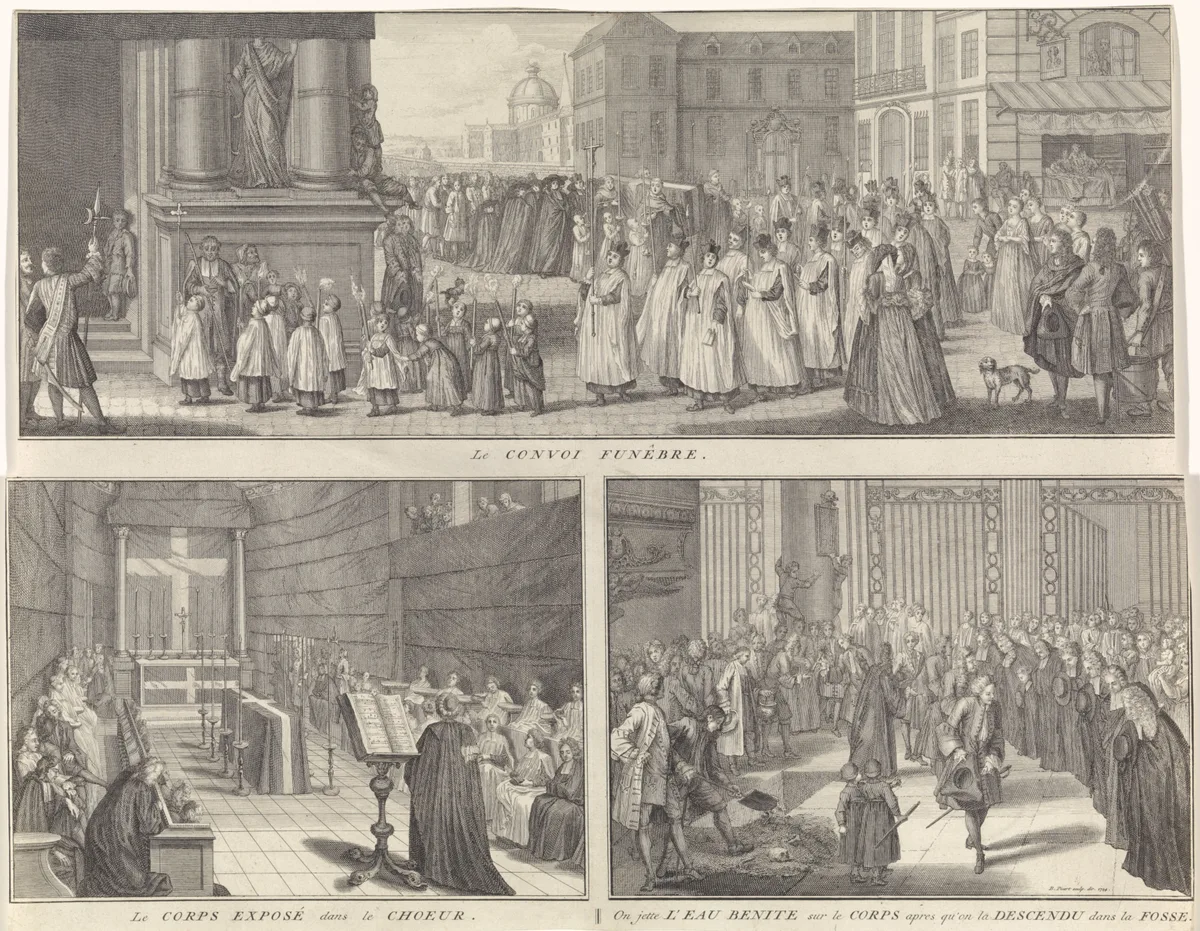 Historische prent van een rooms-katholieke rouwstoet en uitvaartsdienst, Rijksmuseum 1724