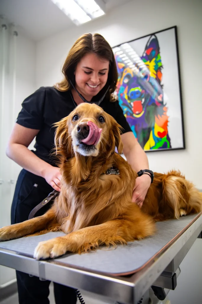 Golden retriever op onderzoektafel bij de dierenarts, hondenverzekering dierenartskosten 2026