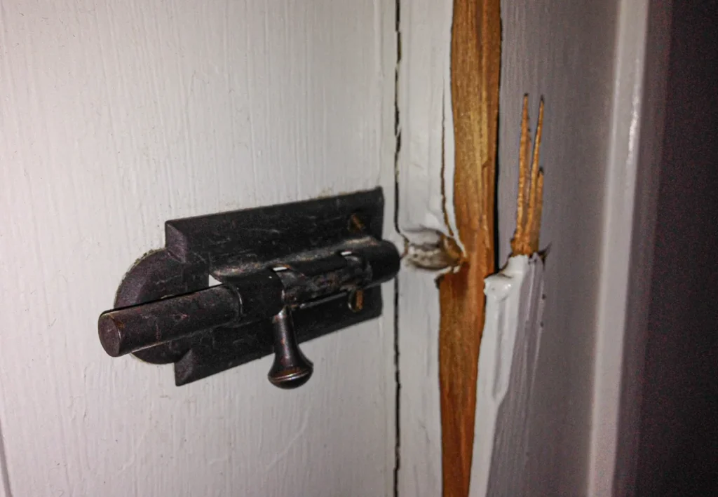 Geforceerde deur met gespleten kozijn en beschadigd slot door inbraak - opstalverzekering inbraakschade woning
