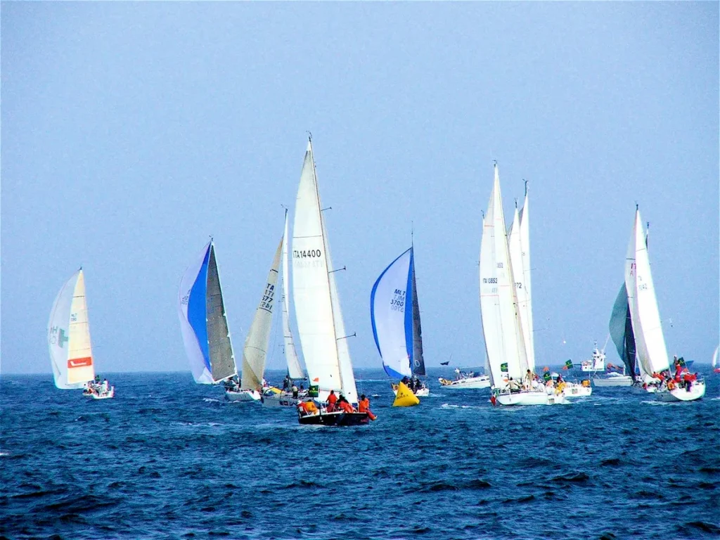 Meerdere zeiljachten tijdens een regatta-wedstrijd op open water met kleurrijke spinnakers