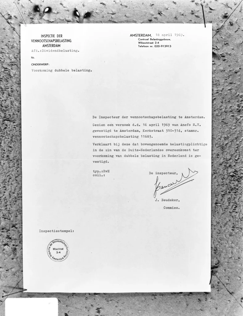 Nederlands formulier van de Inspectie der Vennootschapsbelasting te Amsterdam, fiscaal document 1969 — fiscale aftrek werkgever