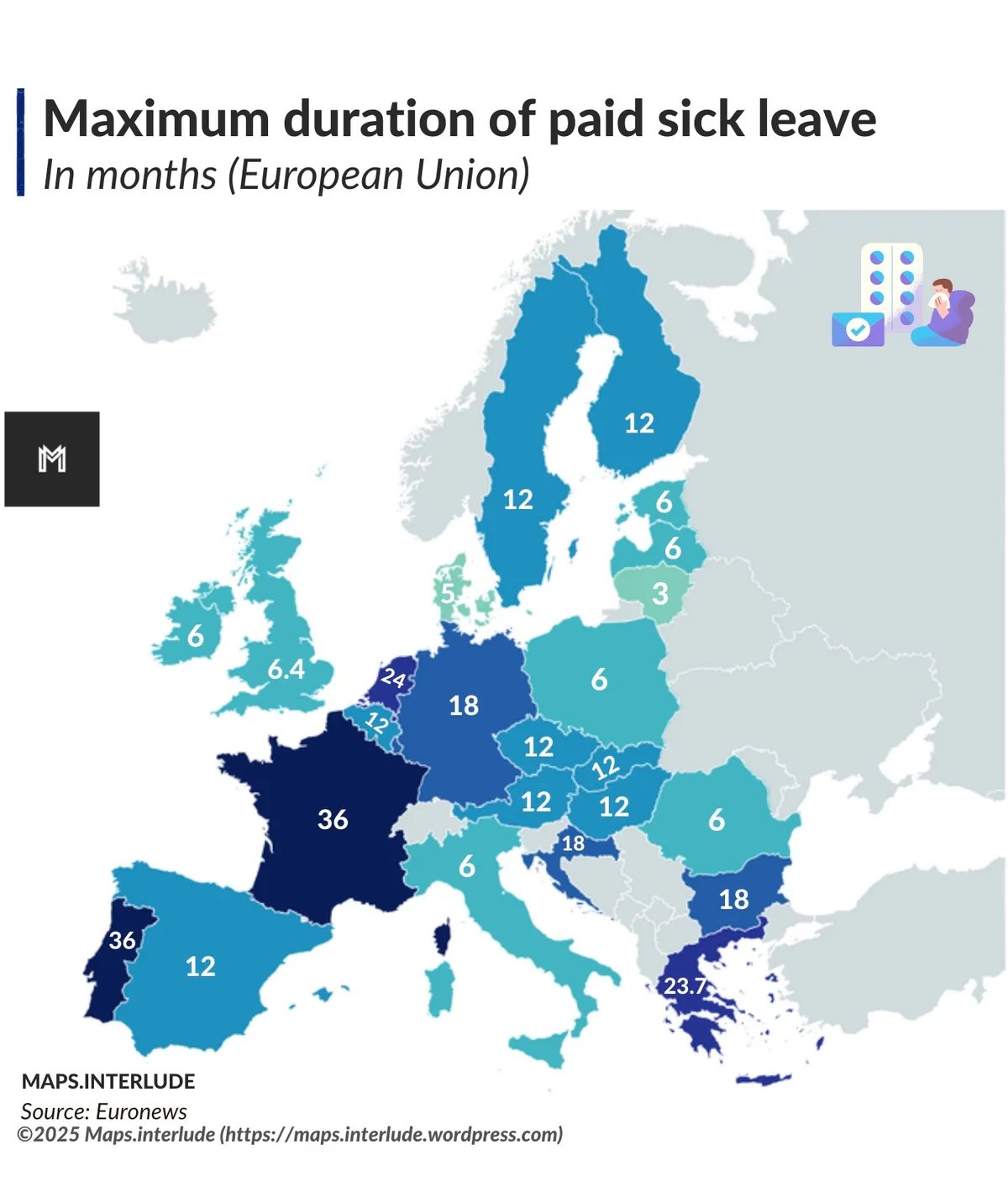 Kaart van maximale duur betaald ziekteverlof in EU-landen — Nederland toont 24 maanden loondoorbetaling werkgever